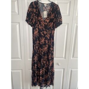 A New Day Womens Medium Black Brown Floral Maxi Dress Dark Cottage Babydoll V
